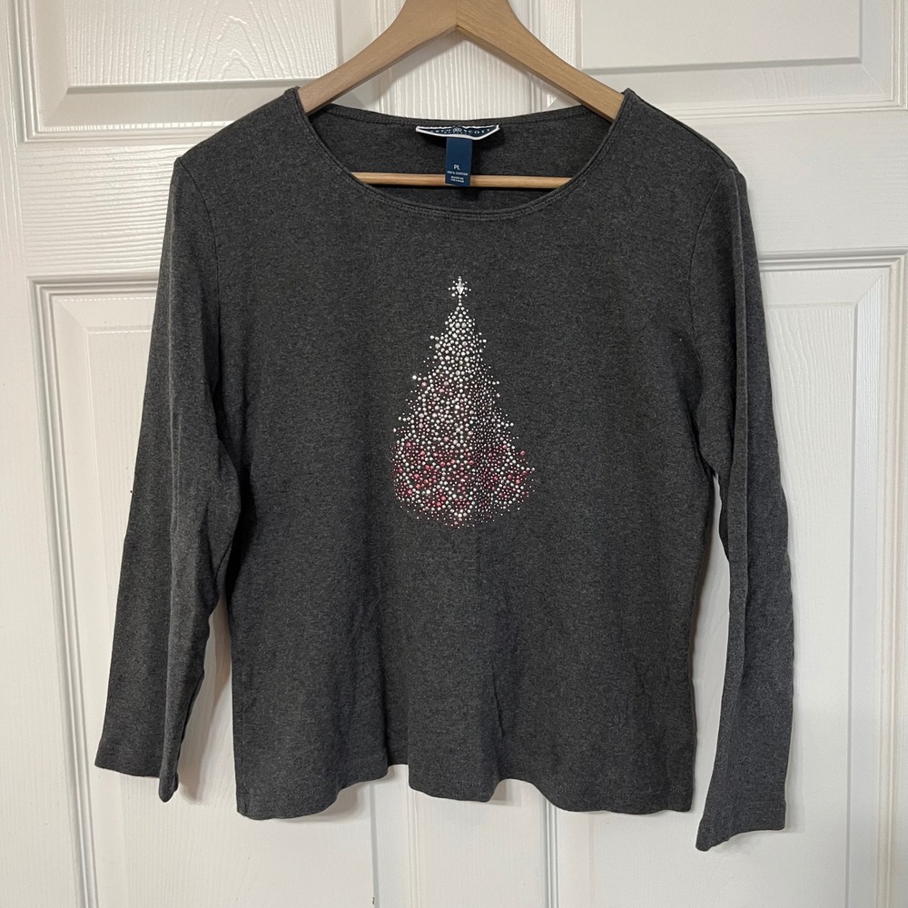 Karen Scott Women's Long‎ Sleeve Sparkle Christmas Tree T Shirt Dark Gray PL